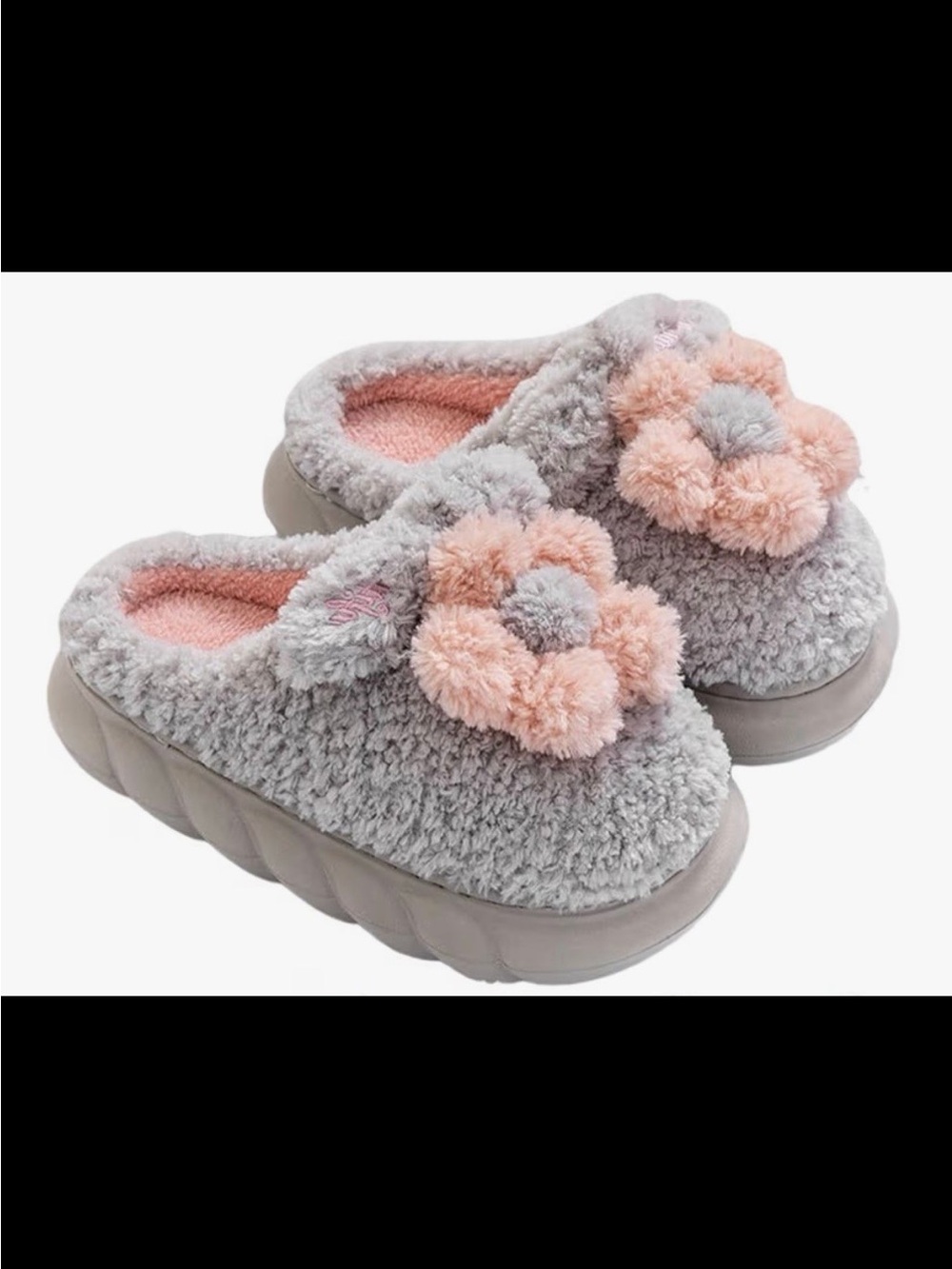 Grey & Pink fuzzy soft flower slippers 5/6